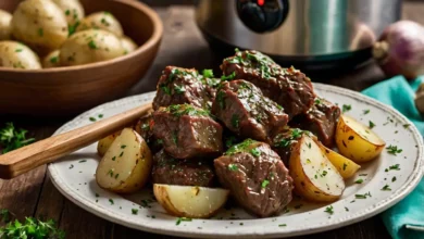 Slow Cooker Garlic Butter Beef Bites and Potatoes