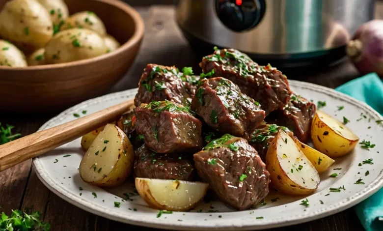 Slow Cooker Garlic Butter Beef Bites and Potatoes