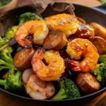 honey garlic shrimp sausage and broccoli