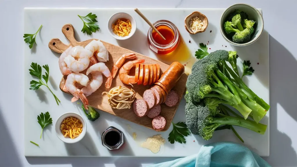 ingredients for honey garlic shrimp sausage and broccoli 